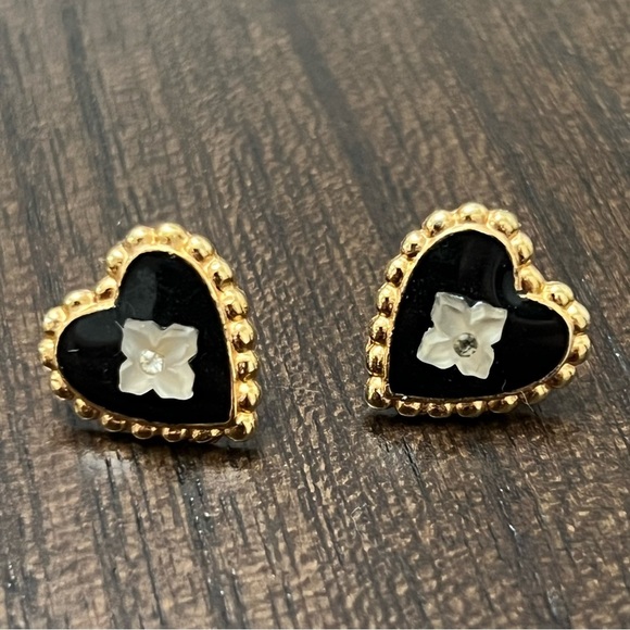 Gold and Black Heart Earrings - Picture 2 of 5